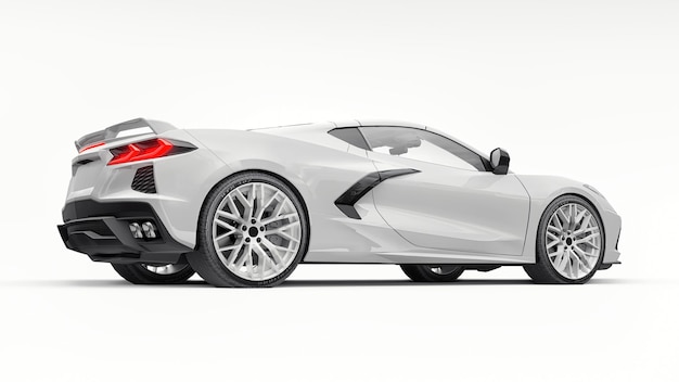Super carro esportivo branco ultramoderno com layout de motor central em um fundo branco isolado Um carro para corrida na pista e na ilustração 3d reta