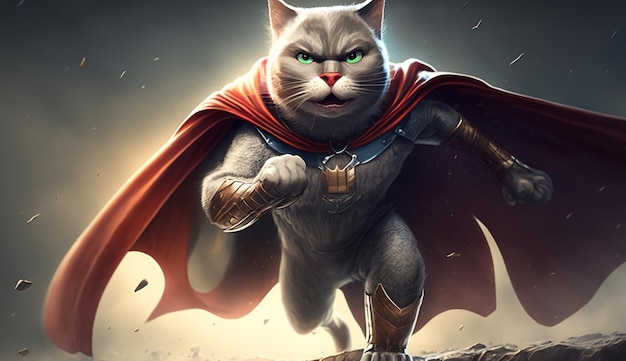 Super Cat como superhéroe con fondo de capa IA generativa