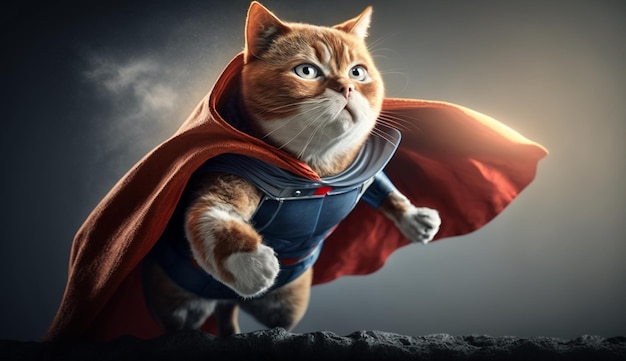 Super Cat como superhéroe con fondo de capa IA generativa