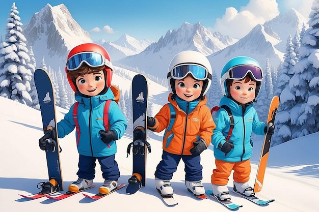 Super chicos lindos en trajes de esquí están listos para golpear las pistas y tener una explosión en el país de las maravillas de invierno