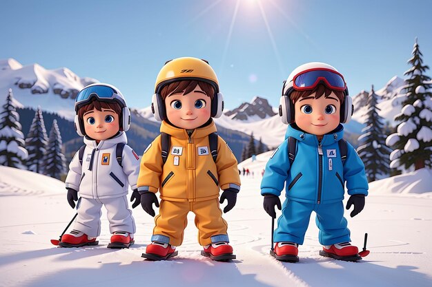 Foto super chicos lindos en trajes de esquí están listos para golpear las pistas y tener una explosión en el país de las maravillas de invierno
