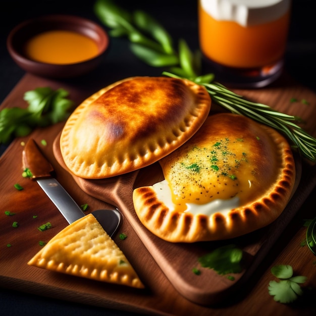 super closeup empanadas argentinas hojas de queso derretido pintura con salpicaduras 8k cinematográfico