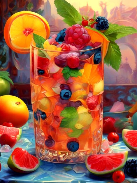 Un súper cóctel de frutas frescas en un vaso de frutas