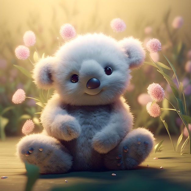 super fofo urso coala com flores coloridas