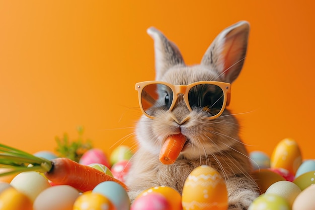 super genial conejo de Pascua con gafas de sol conejo de pascua y huevos de pascua