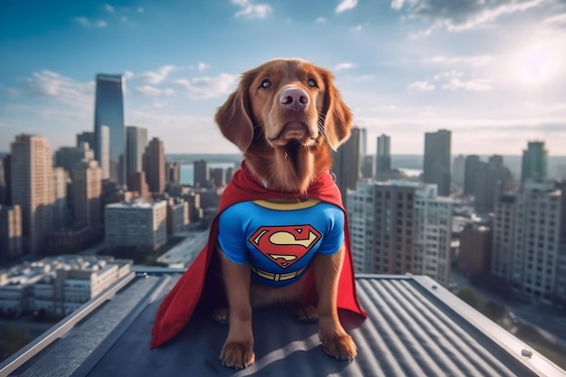 Super-herói Cão no telhado com vista para a Cityscape Generative AI