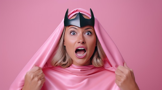 Super-herói feminina com habilidades extraordinárias usando um capacete, máscara de olhos, luvas de borracha e uma capa.