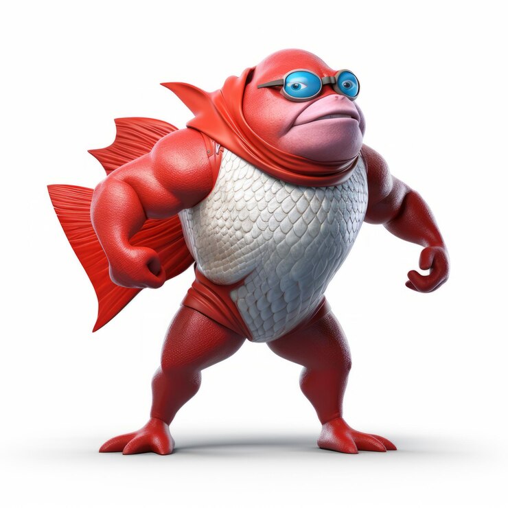 Foto super-herói peixe vermelho 3d barramundi com óculos em fundo branco