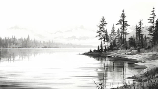 Super High Detail Lake Scene Arte vetorial em preto e branco