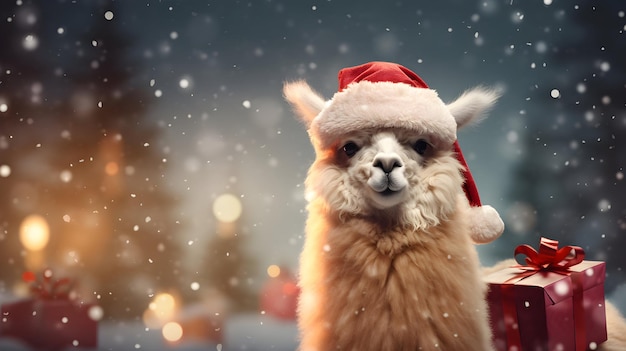 Super linda alpaca en sombrero de Papá Noel con cajas de regalos Concepto de saludos de Feliz Navidad Imagen generada por IA