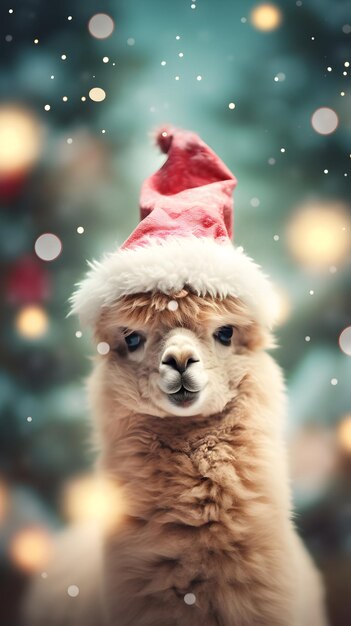 Super linda alpaca en sombrero de Papá Noel con cajas de regalos Concepto de saludos de Feliz Navidad Imagen generada por IA