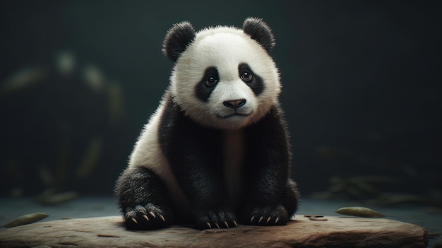 Súper lindo bebé oso panda en el bosque Divertido pequeño personaje de dibujos animados con grandes ojos generado por IA