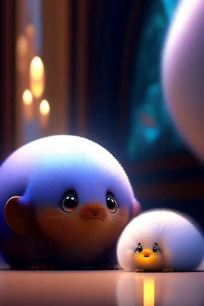 Un súper lindo bebé de pollo blanco de Pixar en la distancia