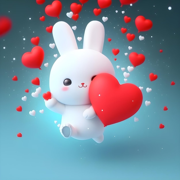 Super lindo conejito blanco antropomórfico con globo rojo en forma de corazón en la mano