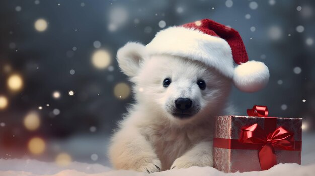Super lindo oso polar blanco con gorro de Papá Noel con caja de regalo Imagen generada por IA