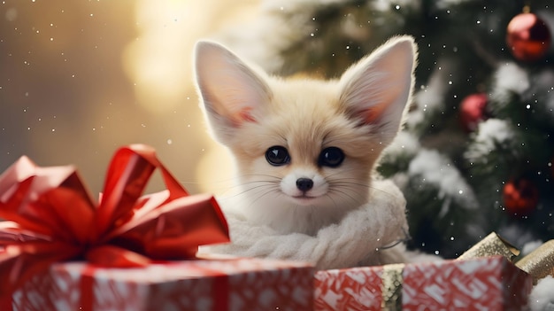 Super lindo zorro fennec con caja de regalo de Navidad Imagen generada por IA