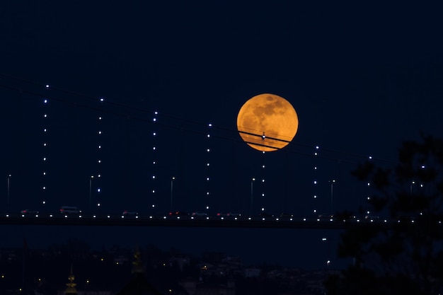 Super Lua Azul de Sangue Atrás da Ponte do Bósforo em Istambul Turquia