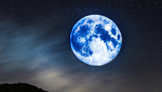 super lua azul em uma noite brilhante contra o fundo de um céu preto profundo