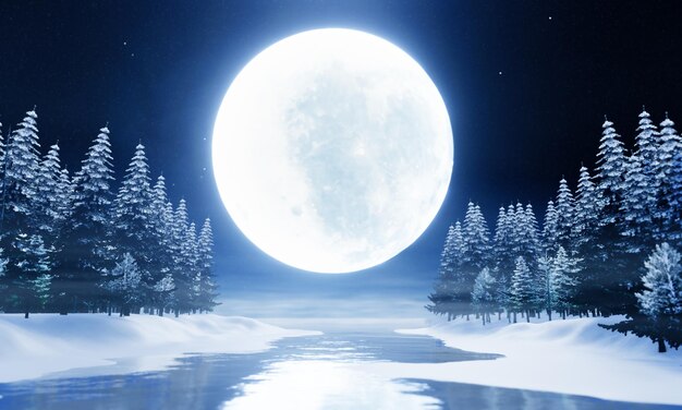 Foto super luna llena luz azul lago bosque de pinos sombra de tierra nevada de la luna reflejada en el agua imagen de la naturaleza de fantasía de la noche naciente hay un poco de niebla renderización 3d