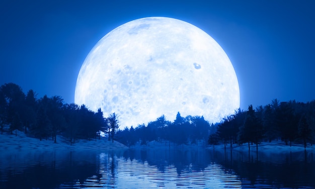 Súper luna llena luz azul lago bosque de pinos tierra nevada sombra de la luna reflejada en el agua