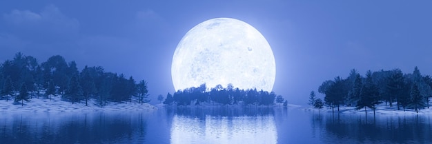 Súper luna llena luz azul lago bosque de pinos tierra nevada sombra de la luna reflejada en el agua