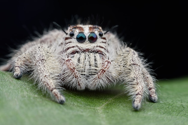 Super macro fêmea Hyllus diardi ou saltando aranha na folha verde