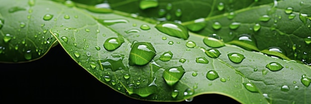 Super macro toma de hojas verdes vibrantes con gotas de lluvia relucientes que muestran el arte de la naturaleza