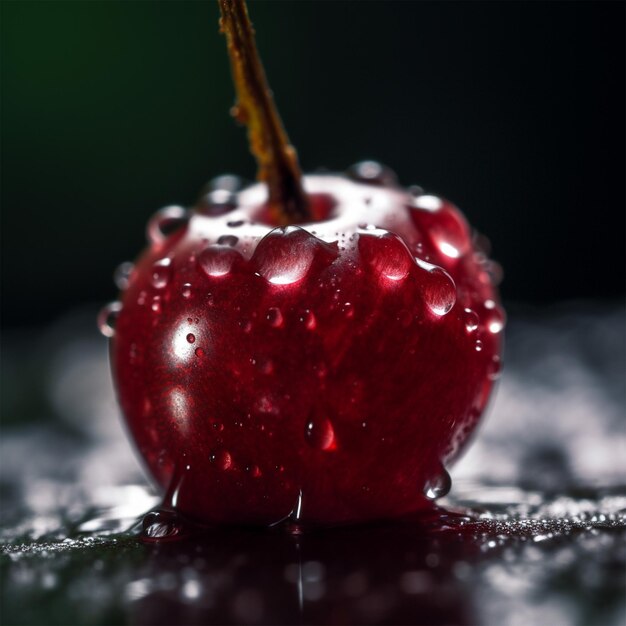 Super Makro von einer einzigen Kirsche mit einem Wassertropfen