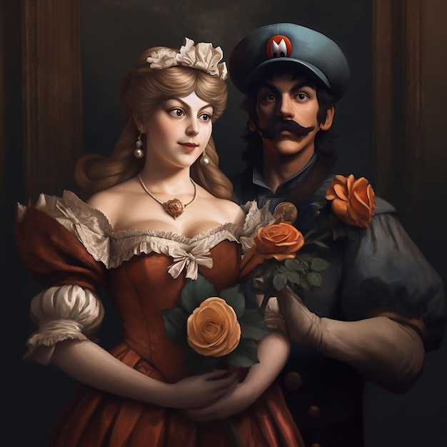 Foto super mario y su novia gustave dore estilo de pintura al óleo