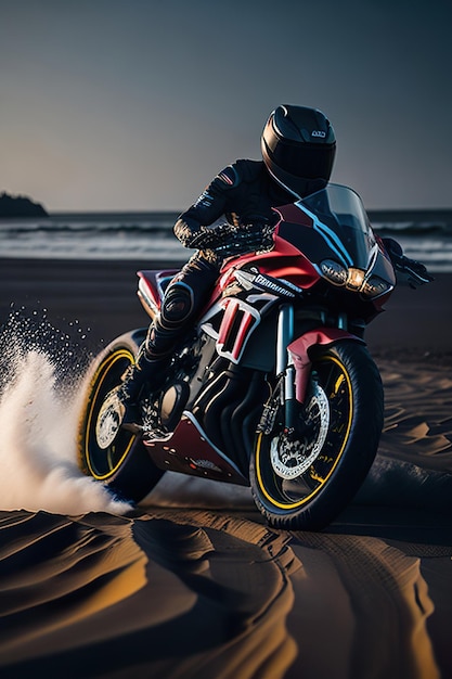 Foto super motociclista em uma praia rodoviária ia generativa