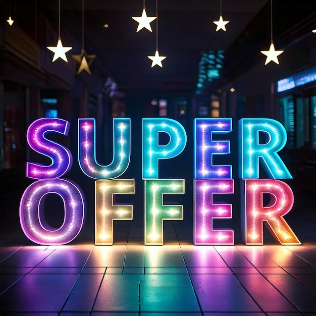 Super Oferta de fondo bokeh en forma de texto en 3D
