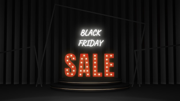 Super sale da black friday. lâmpada em letras vermelhas do texto sobre o pódio na frente de fundo preto. conceito de compras. renderização de ilustração 3d.