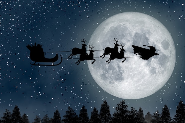 Foto super santa claus man, un superhéroe que vuela sobre el reno líder de la luna llena en la noche de navidad