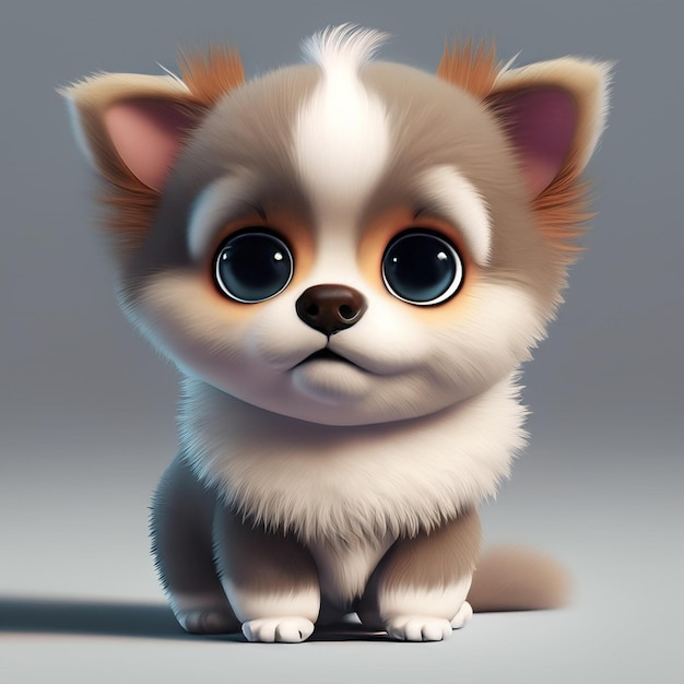 Super süßes kleines Baby-Hund Fluffy Kitty mit großen Augen Lustige Zeichentrickfigur 3D Vektor-Illustration