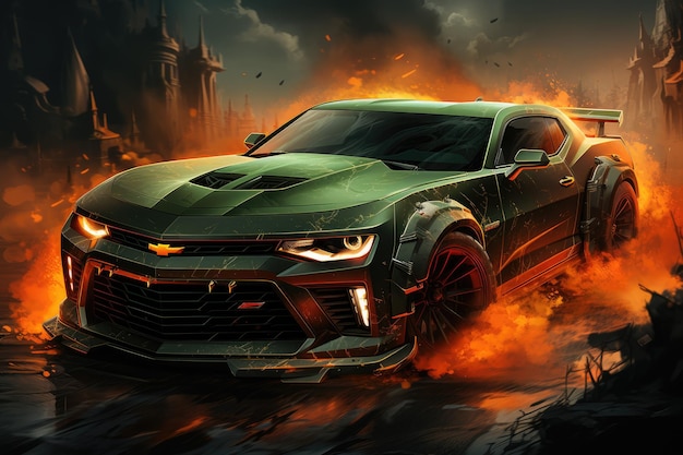 Super-Tuning-Auto im Stil von Hot Wheels im Feuer- und Flammen-Halloween-Hintergrund