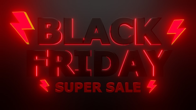Foto super venta de viernes negro con truenos y luz de neón negro background.3d rendering