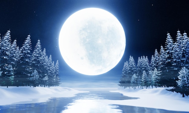 Foto super vollmond blaues licht see kiefernwald schneebedeckten boden schatten des mondes reflektiert