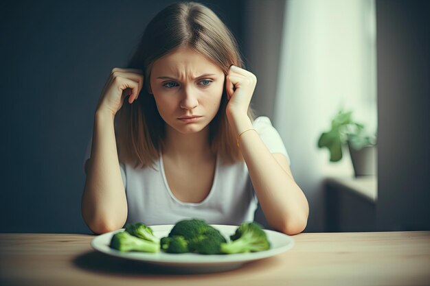 Superando problemas de dieta Mulher lutando com transtorno alimentar e pequena porção de brócolis no prato IA generativa