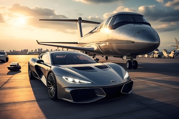 Superauto und Privatjet auf der Landebahn Business-Class-Service am Flughafen Business-Class-Tr