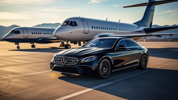 Superauto und Privatjet auf der Landebahn. Business-Class-Service am Flughafen