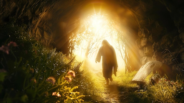 Superb Jesucristo contra un fondo de luz brillante concepto de Pascua y resurrección