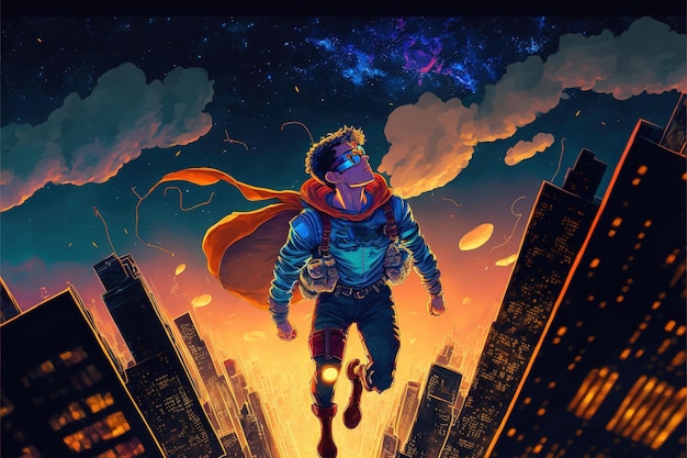 Superboy fliegt in den Himmel über der Großstadt bei Nacht digitale Kunst Stil Illustration Malerei Fantasy-Konzept eines Superhelden-Jungen