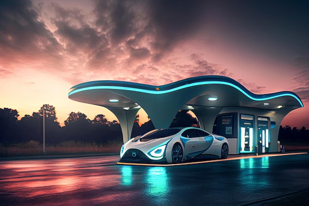 Supercar está conectado a una estación de carga futurista en una estación de servicio eléctrica moderna Las luces LED y el diseño elegante de la estación enfatizan el cambio hacia un transporte futuro sostenible