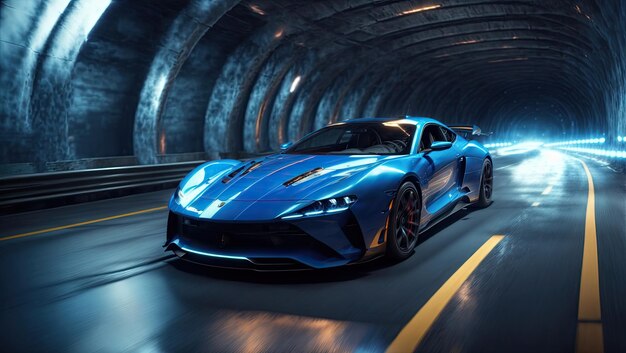 Supercarro futurista azul no túnel