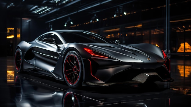 Supercarro futurista preto em fundo estético de destaque