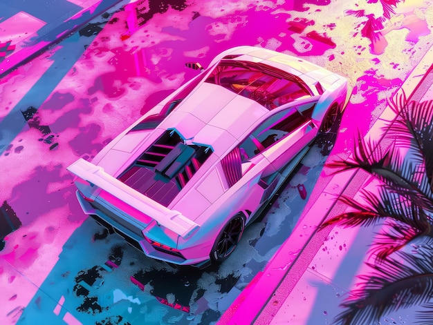 Foto supercarro futurista retro de estilo vaporwave dos anos 80 em um néon rosa