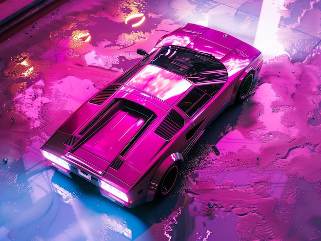 Supercarro futurista retro de estilo vaporwave dos anos 80 em um néon rosa