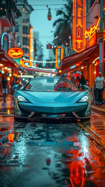 Foto supercarro na chuva noturna urbana