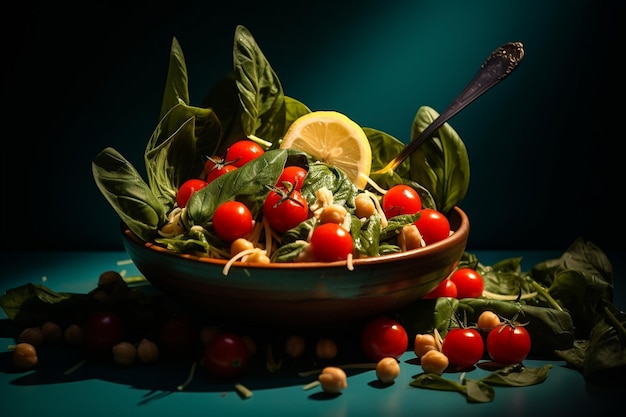 Superclose de colher com grão-de-bico com folhas de azeitonas e tomates em uma tigela azul na mesa