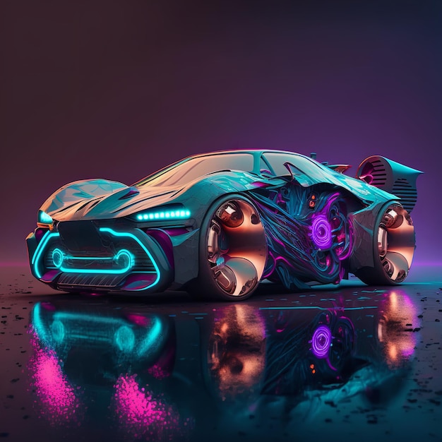 Supercoche conceptual con luces de neón y un diseño azul y morado